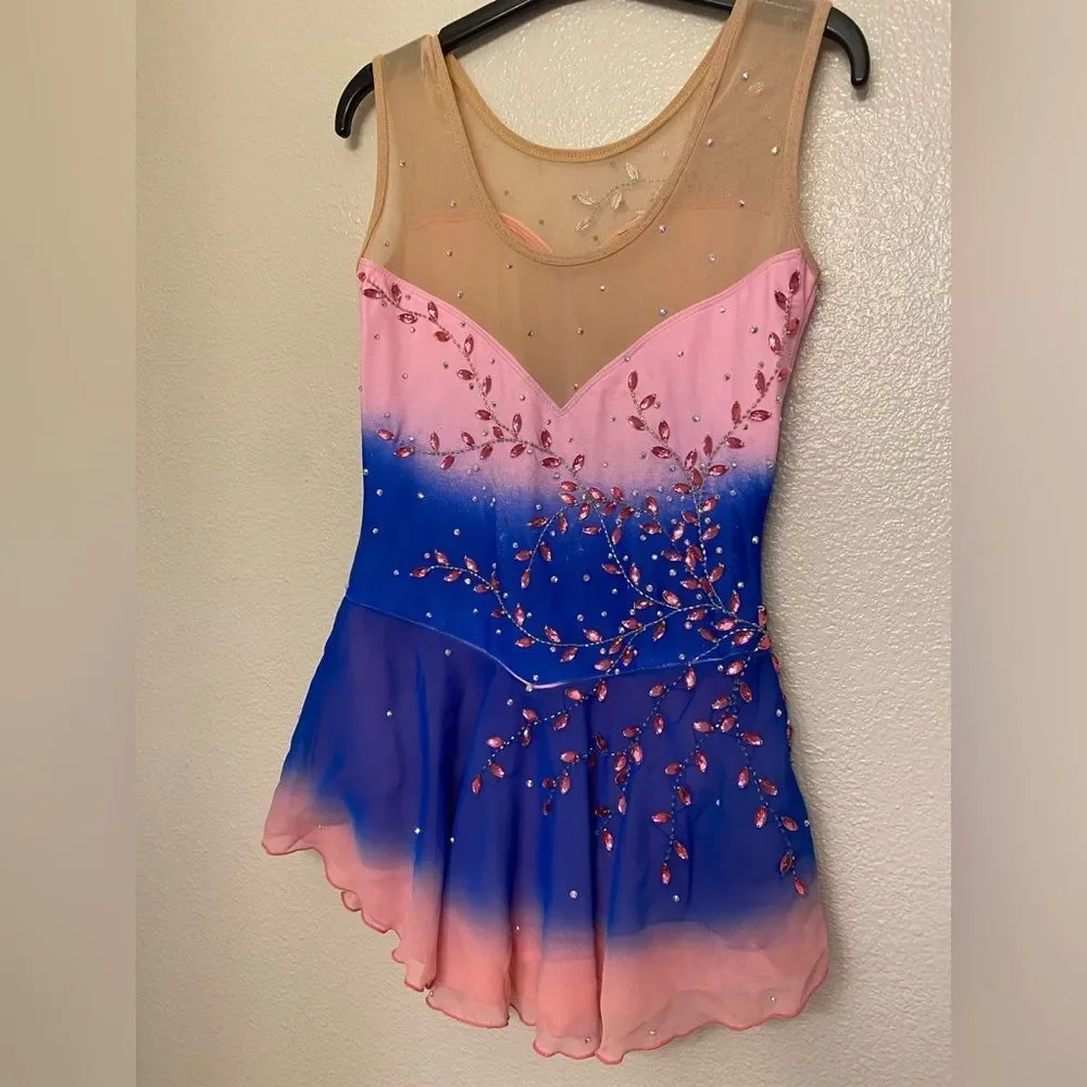 Custom solo dance ice skating ballet costume blue pink ombre stoned dress SA